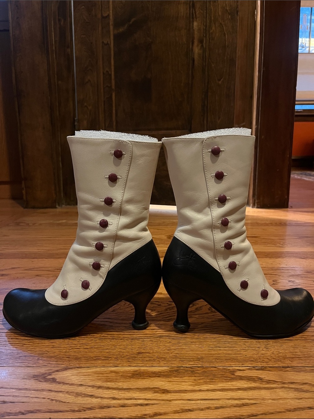 John Fluevog Women’s Two-Tone Black and Cream Mid-Calf Heeled Boots
